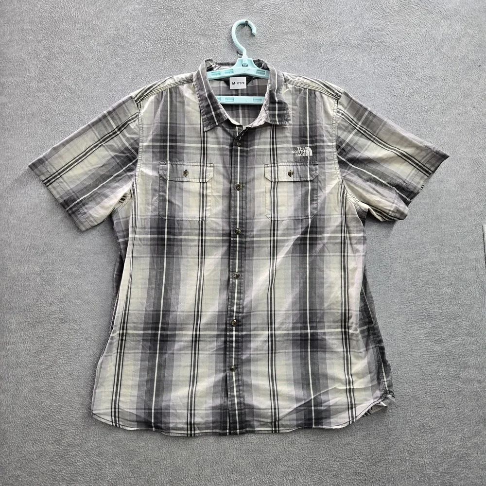 The North Face Men Button Up Shirt XL Gray Logo Embroidery Plaid Outdoor